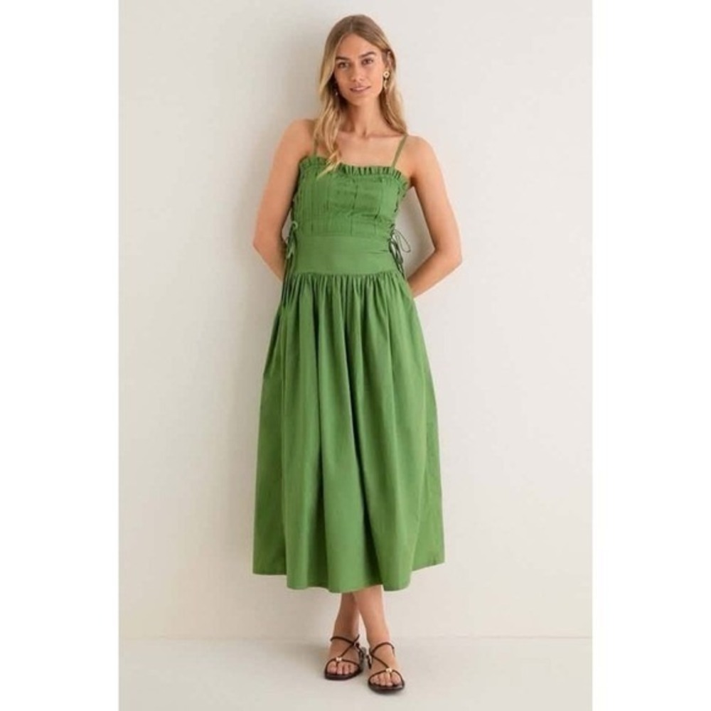 Moon River Green Tie Midi Ruffle Pintuck Smocked Back Sleeveless Midi Dress XS